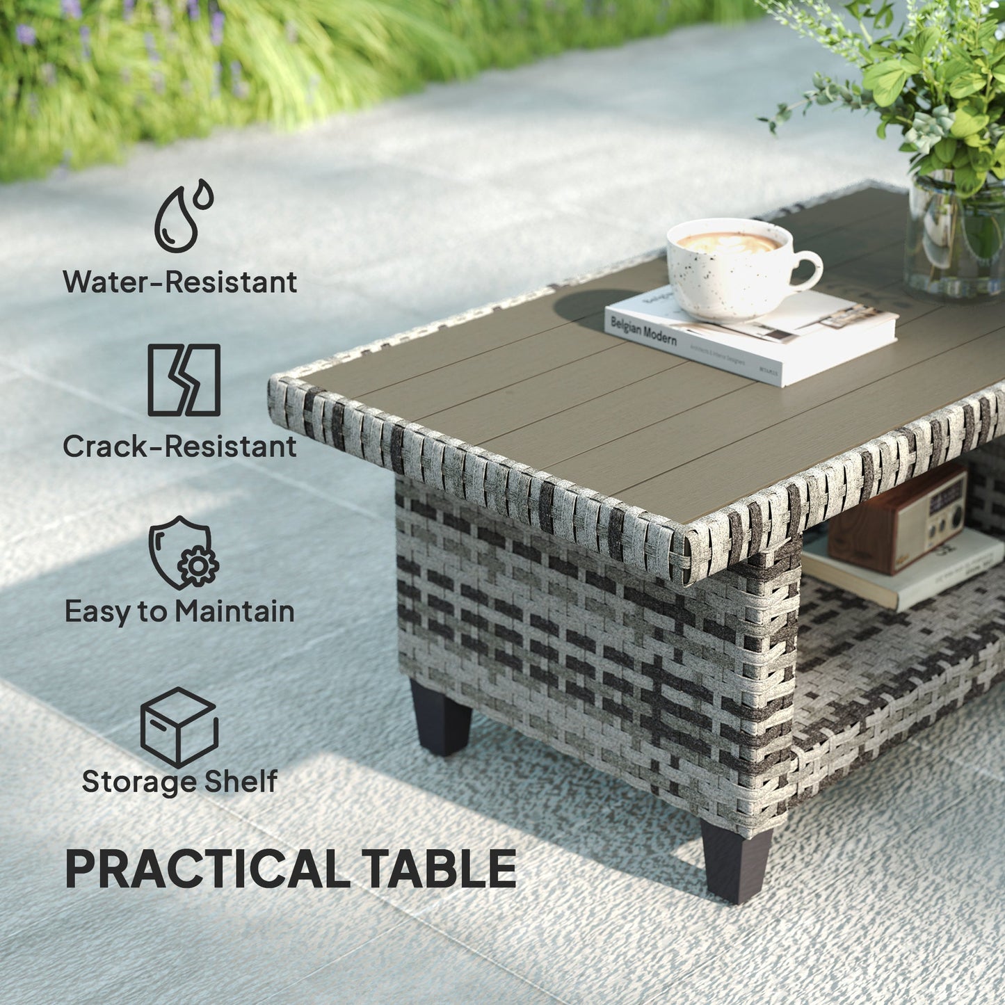 Outsunny 6 Pieces Rattan Garden Furniture Set, 5 Seater Wicker Outdoor Furniture Set with 2 Armchairs, Steel Frame Coffee Table and Cushions for Balcony, Porch, Light Grey