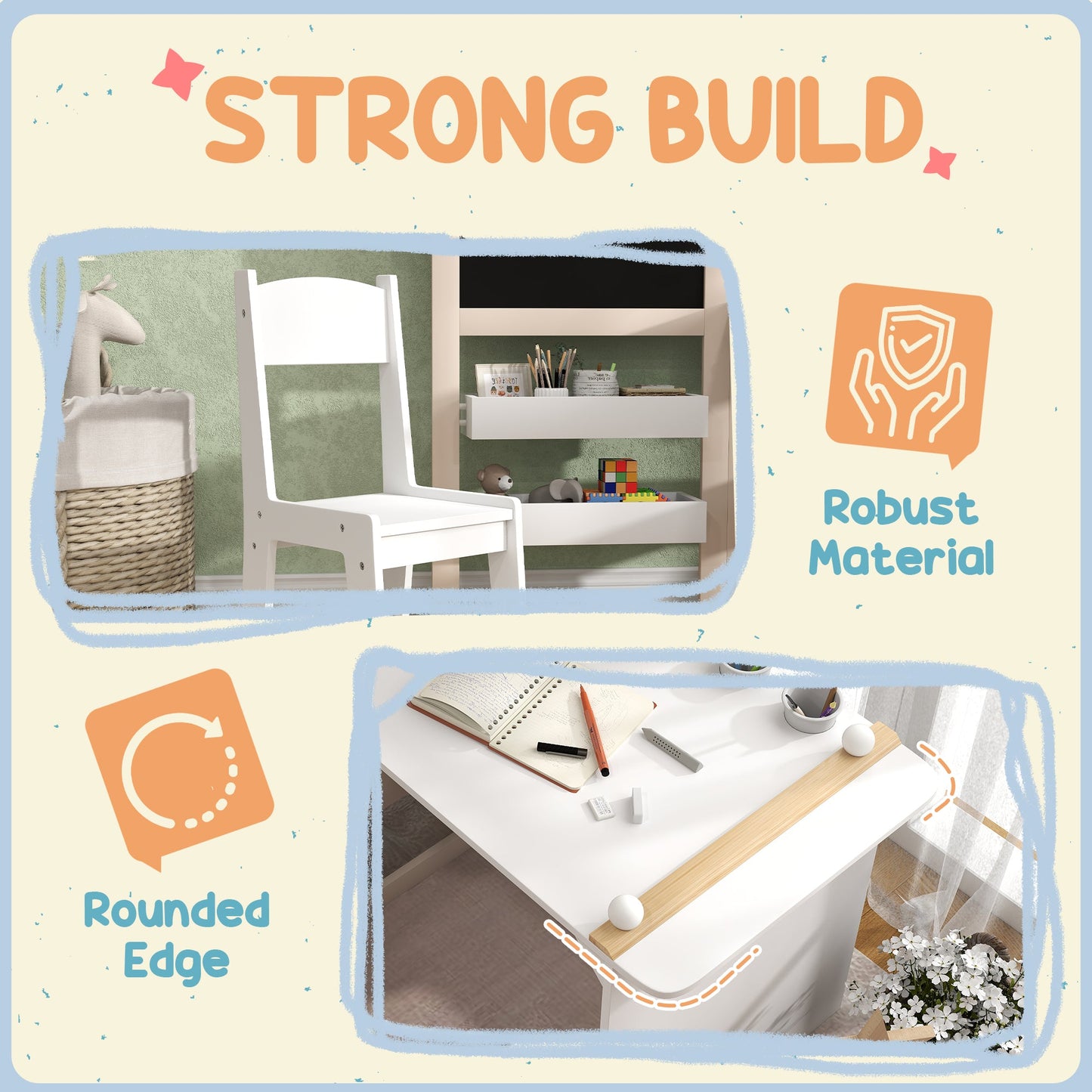 AIYAPLAY 3 in 1 Kids Table and Chair Set with Storage, Whiteboard, Blackboard & Roll Paper for 3-8 Years, White