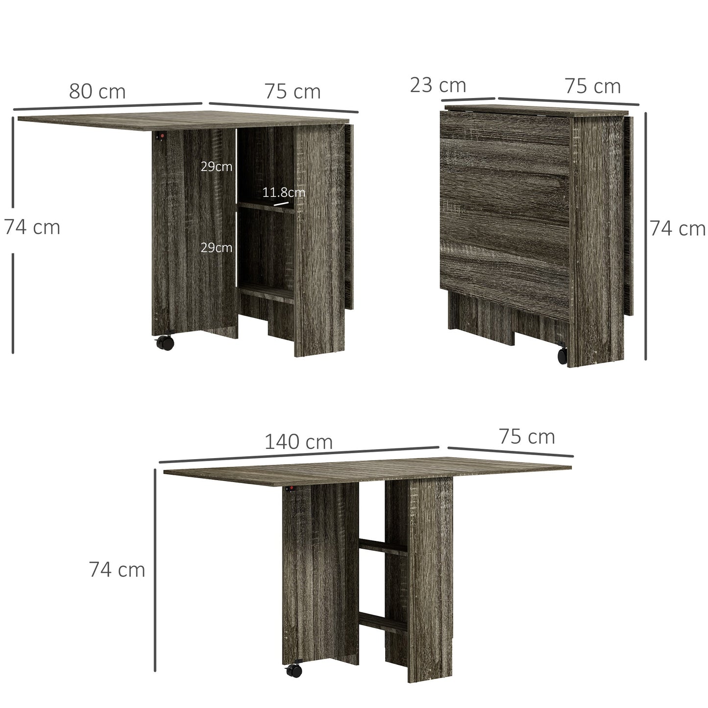 HOMCOM Folding Dining Table, Drop Leaf Table with 2-Tier Shelves, Rolling Casters, for Small Spaces, Kitchen, Grey