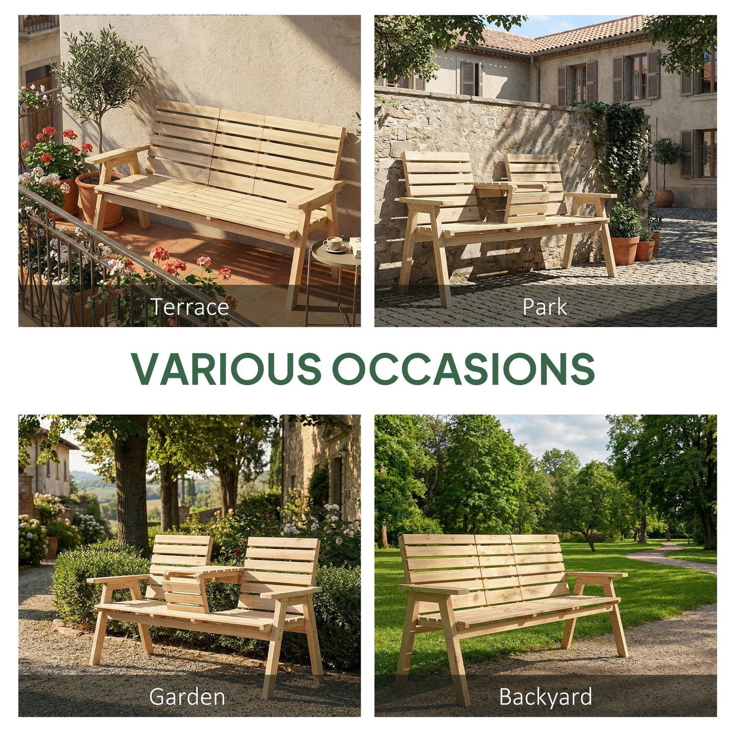 Outsunny Fir Wood Convertible 2 to 3 Seater Outdoor Garden Bench, Natural Wood Finish