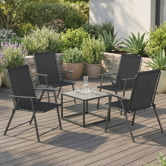 Outsunny Folding Garden Chairs Set of 4, Outdoor Dining Chairs with Wide Texteline Seat, High Back and Armrests, Black