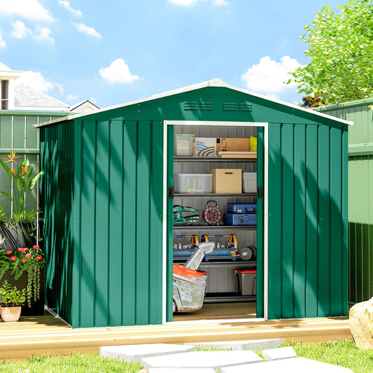 Outsunny 8 x 6ft Galvanised Steel Shed, with Double Door - Green