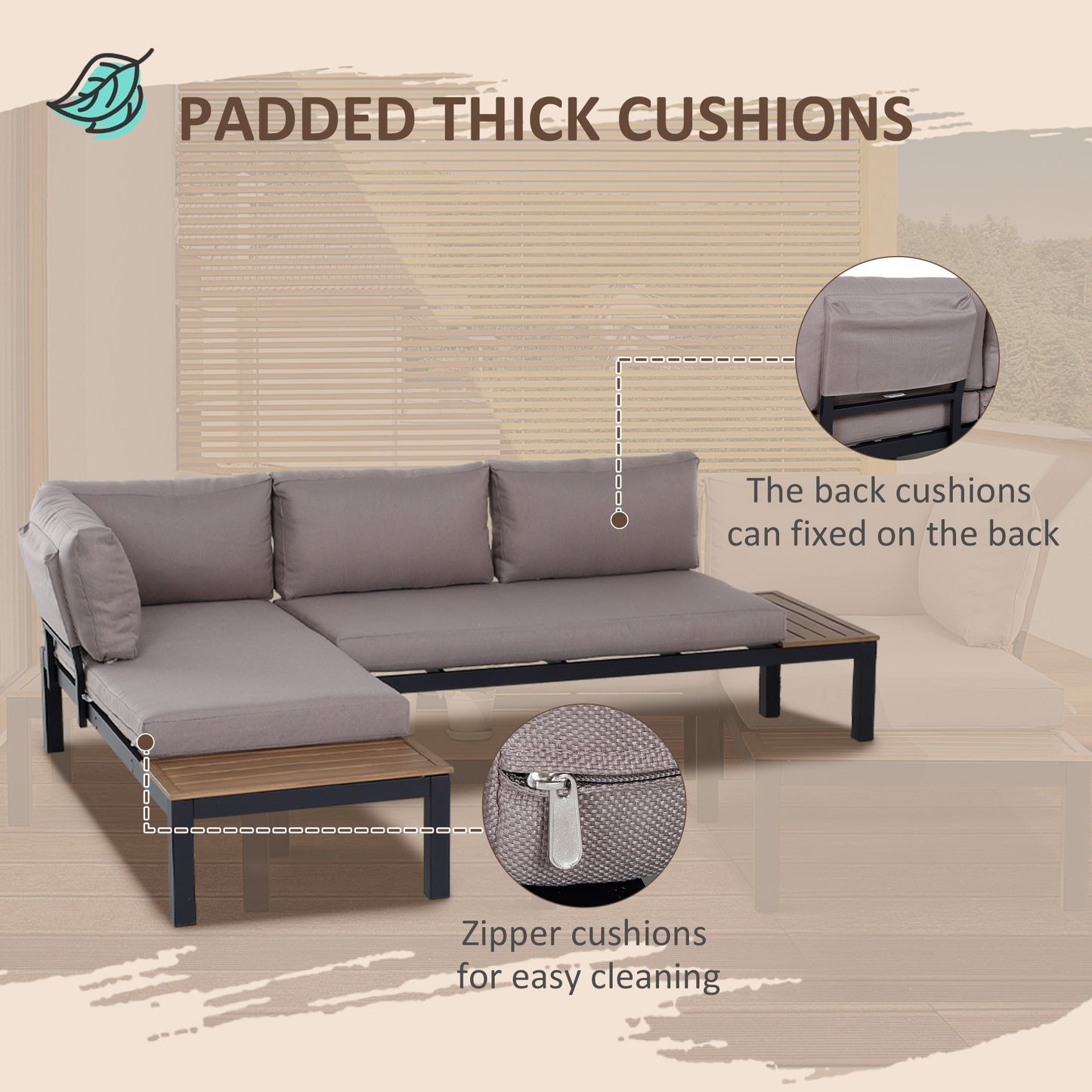 Outsunny 3 Pieces Garden Furniture Set, Aluminium 4 Seater Corner Sofa Set with 2 Loveseats, Coffee Table and Side Trays, Outdoor Conversation Furniture with Cushions for Garden, Black