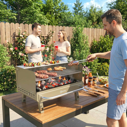 Outsunny Portable BBQ Grill, Charcoal Barbecue Grill with Adjustable Grates, Foldable Legs, Side Shelf for Camping Travel, Khaki