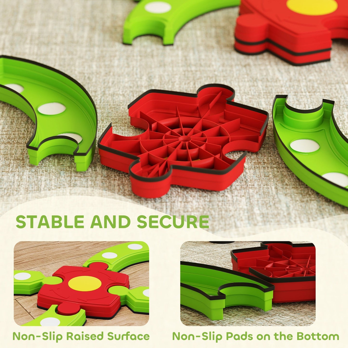 AIYAPLAY 13 PCS Kids Balance Beam Stepping Stones Set with Non-slip Textured Surface, Outdoor Indoor for Toddlers, Green