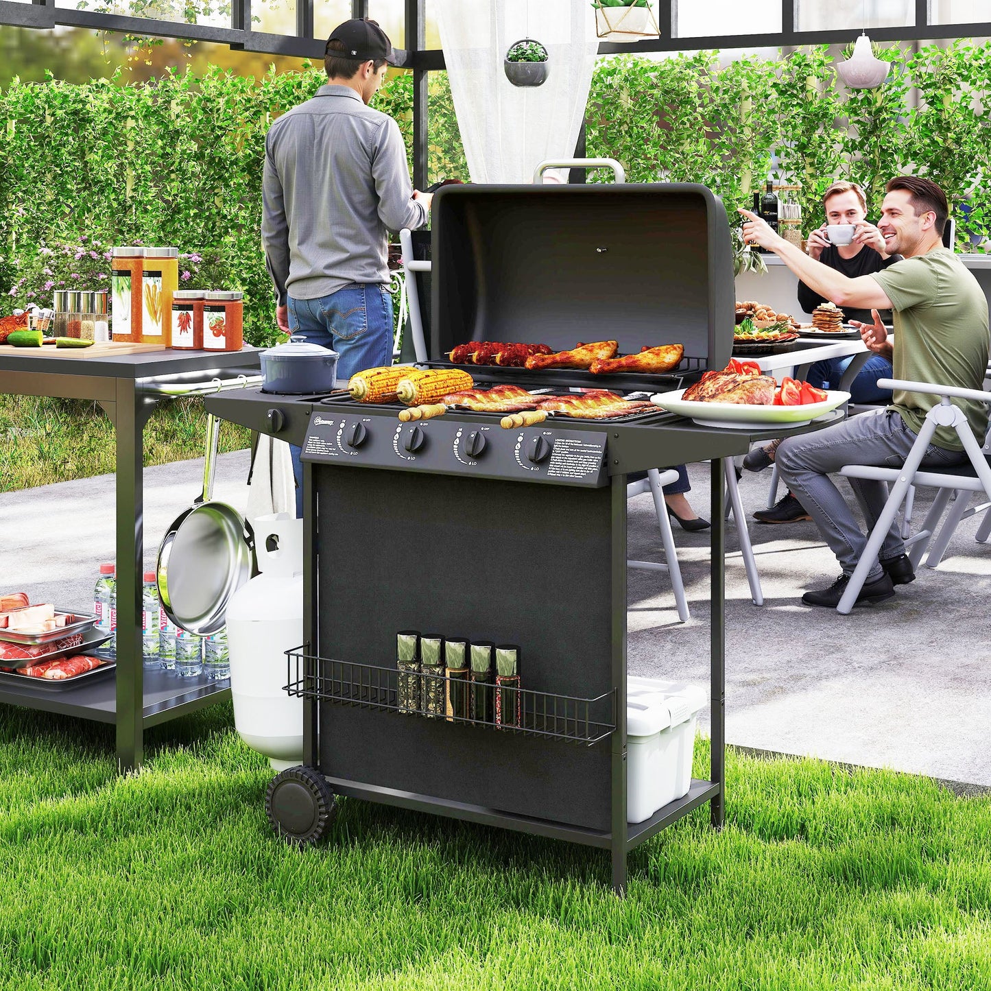 Outsunny 4+1 Burner Gas BBQ Grill, Portable Gas Barbecue Grill with Built-in Thermometer, Lid, Side Table, Shelf, Spice Rack, Wheels, Grease Cup for Garden Party Outdoor Cooking, Black