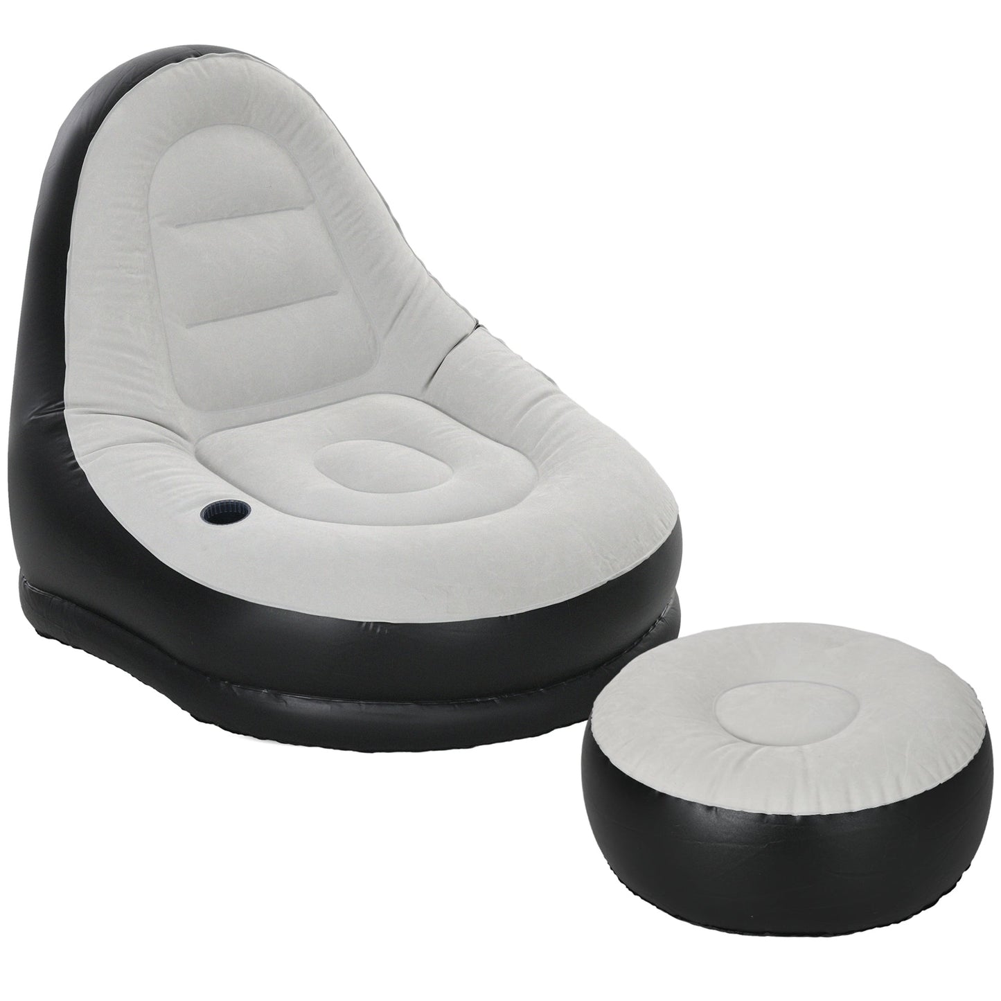 Outsunny Inflatable Sofa Chair and Foot Stool Set with Cup Holder, for Gaming, Reading and Movie Watching, Grey