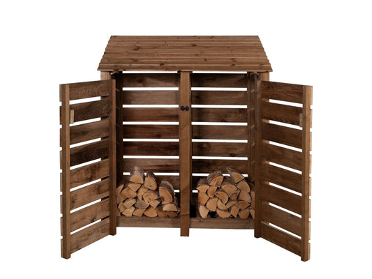 Slatted Wooden Log Store with Door W-146cm, H-126cm or 180cm, D-88cm - Brown Finish