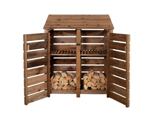 Slatted Wooden Log Store with Door and Shelf W-146cm, H-126cm or 180cm, D-88cm - Brown Finish