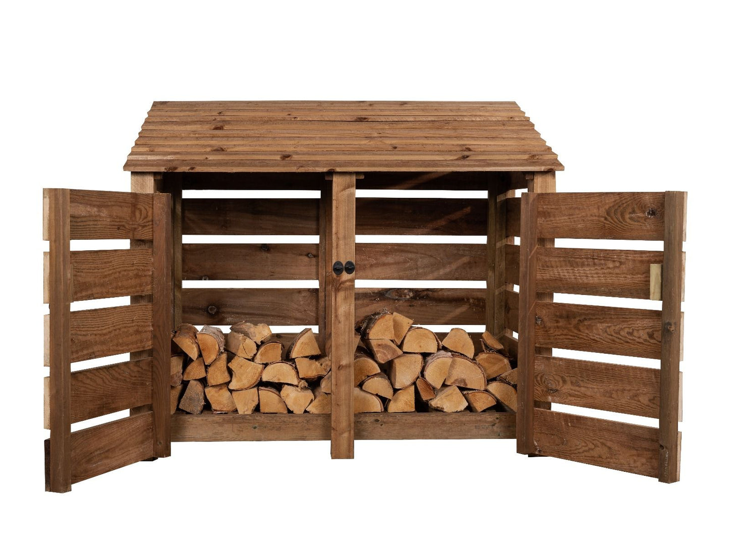 Slatted Wooden Log Store with Door W-146cm, H-126cm or 180cm, D-88cm - Brown Finish