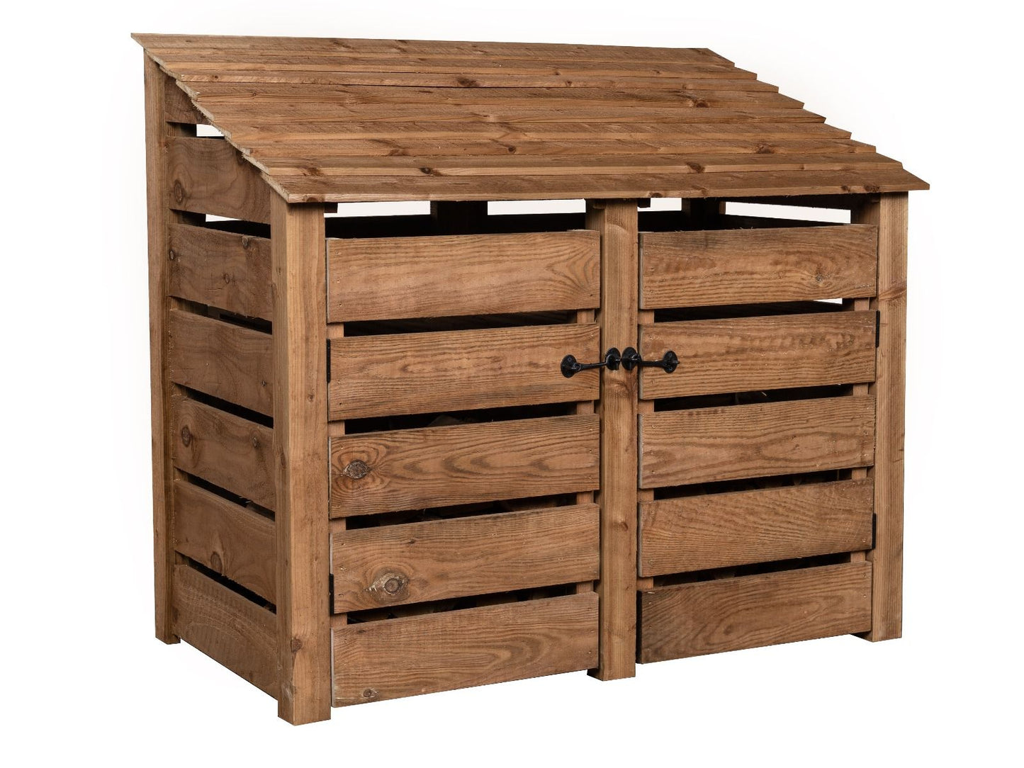 Slatted Wooden Log Store with Door and Shelf W-146cm, H-126cm or 180cm, D-88cm - Brown Finish