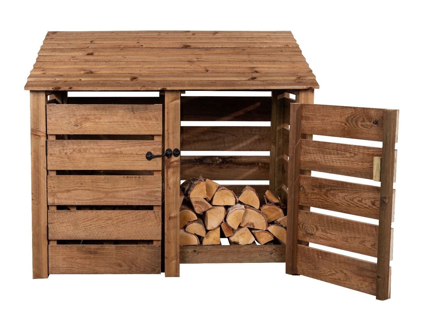 Slatted Wooden Log Store with Door W-146cm, H-126cm or 180cm, D-88cm - Brown Finish