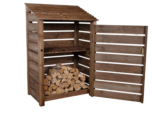 Slatted Wooden Log Store with Door and Shelf W-119cm, H-126cm or 180cm, D-88cm - Brown Finish