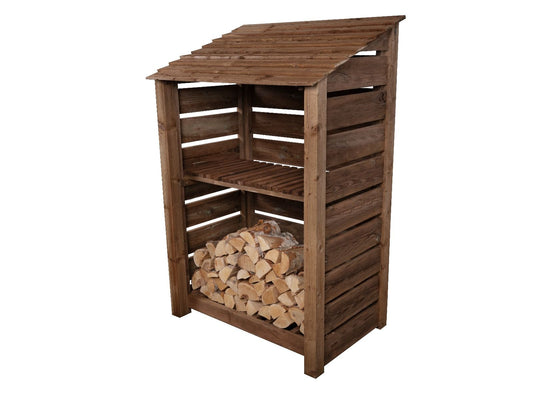 Slatted Wooden Log Store with Shelf W-119cm, H-126cm or 180cm, D-88cm - Brown Finish