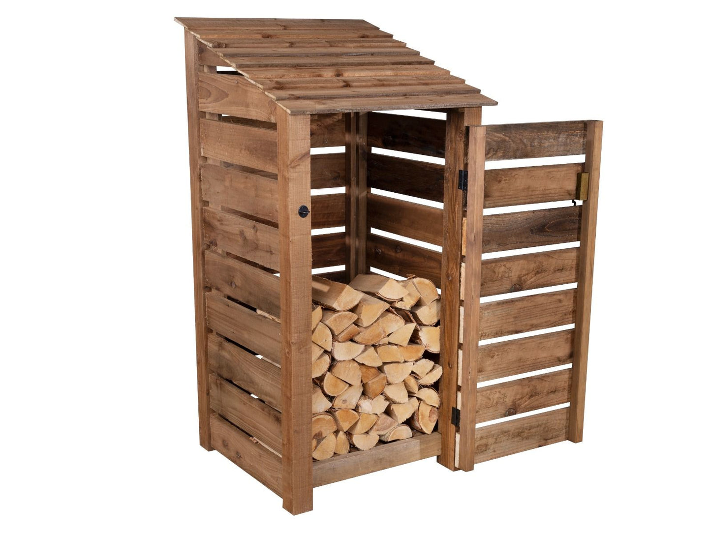 Slatted Wooden Log Store with Door W-99cm, H-126cm or 180cm, D-88cm - Brown Finish