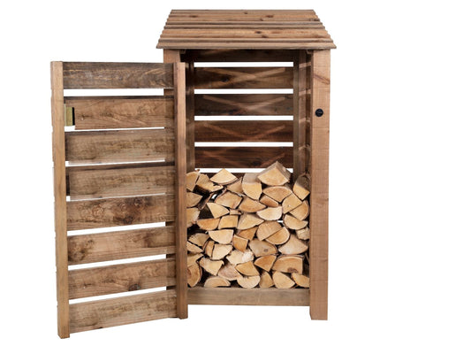 Slatted Wooden Log Store with Door W-99cm, H-126cm or 180cm, D-88cm - Brown Finish