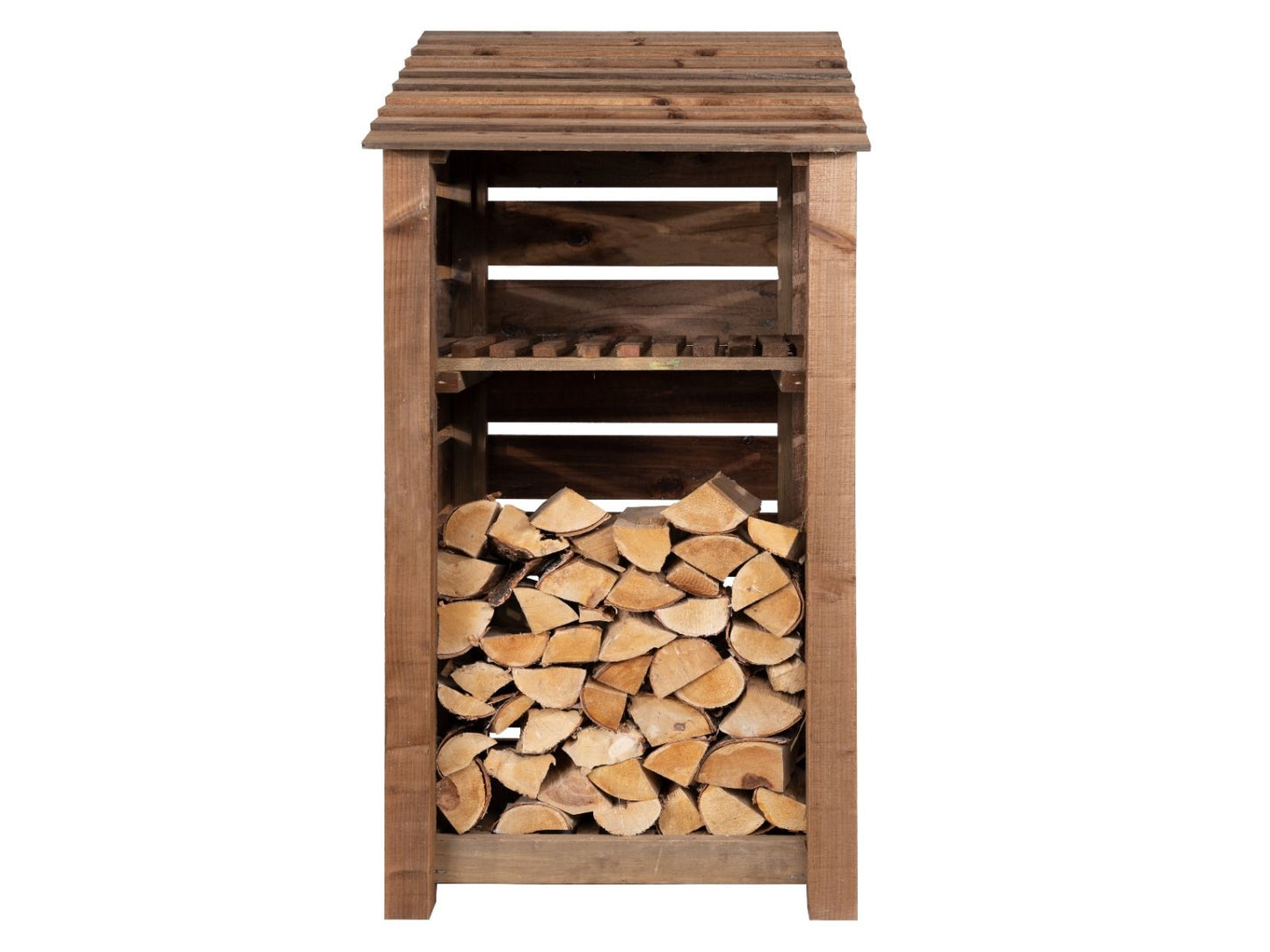Slatted Wooden Log Store with Shelf W-99cm, H-126cm or 180cm, D-88cm - Brown Finish