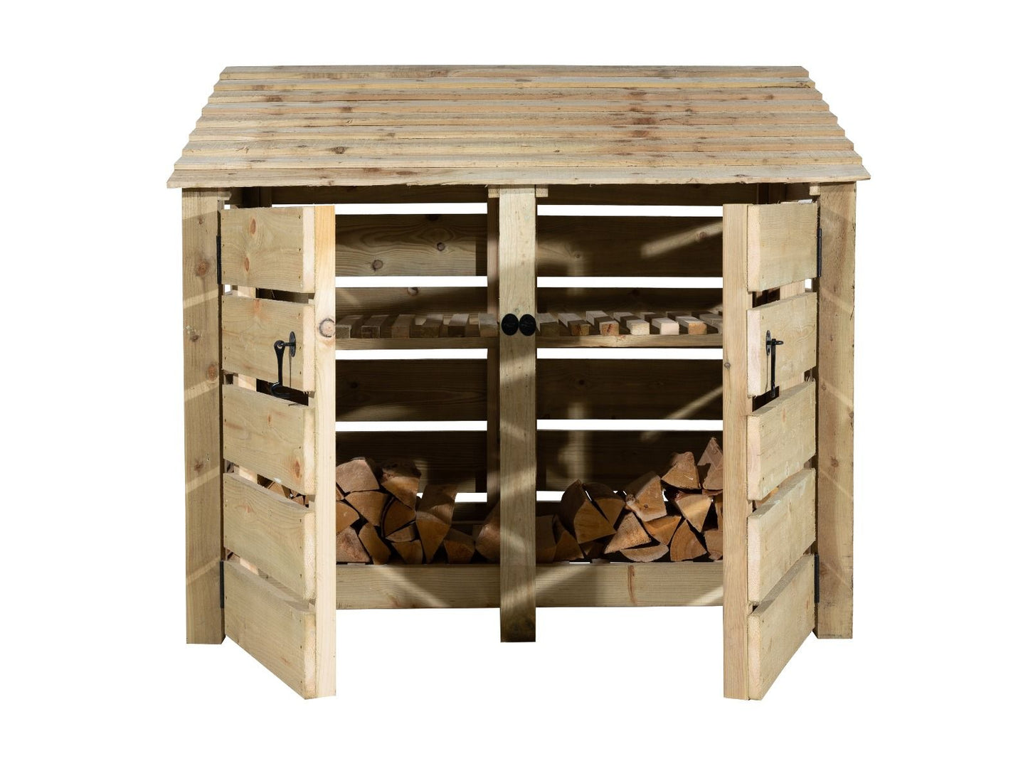 Slatted Wooden Log Store with Door and Shelf W-146cm, H-126cm or 180cm, D-88cm