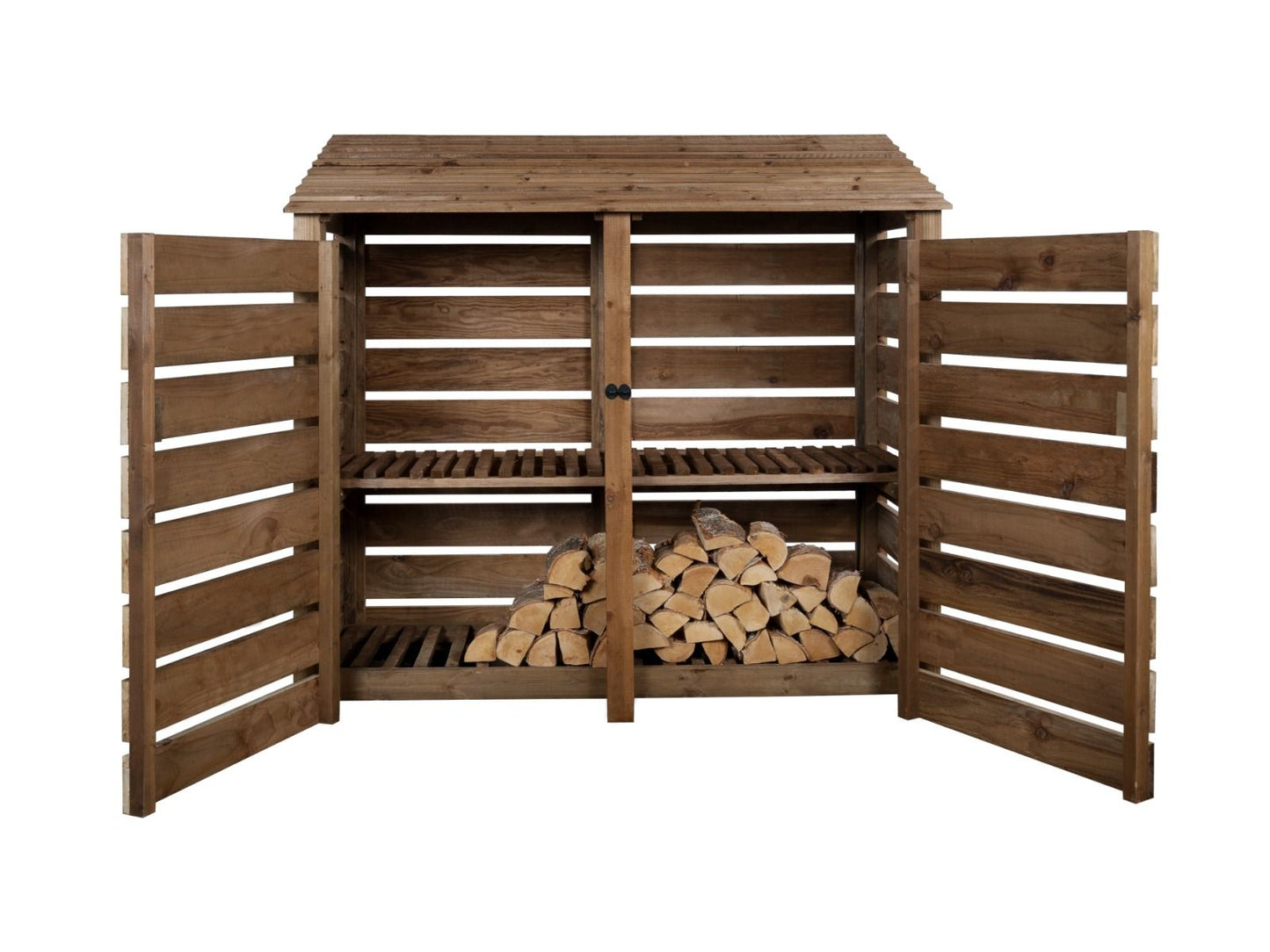 Slatted Wooden Log Store with Doors And Shelf W-187cm, H-126cm or 180cm, D-88cm - Brown Finish