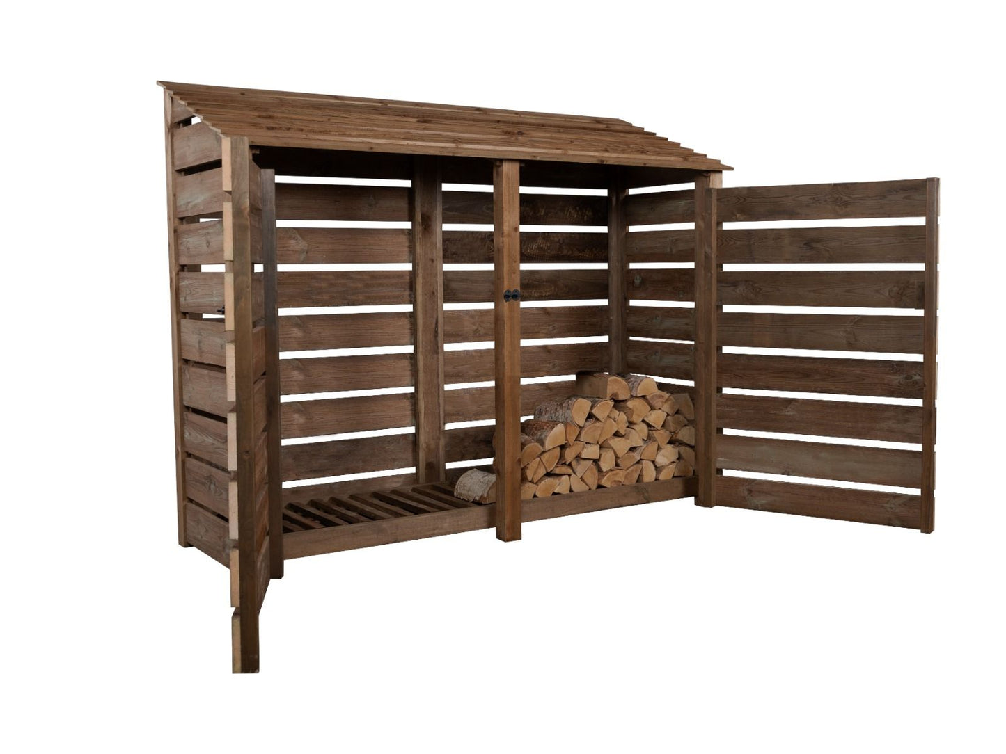 Slatted Wooden Log Store with Doors W-227cm, H-126cm or 180cm, D-88cm - Brown Finish