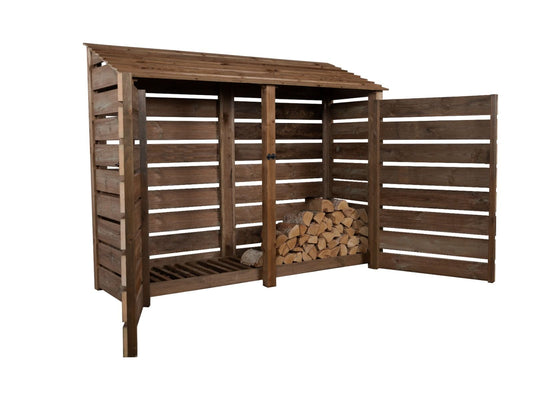 Slatted Wooden Log Store with Doors W-227cm, H-126cm or 180cm, D-88cm - Brown Finish
