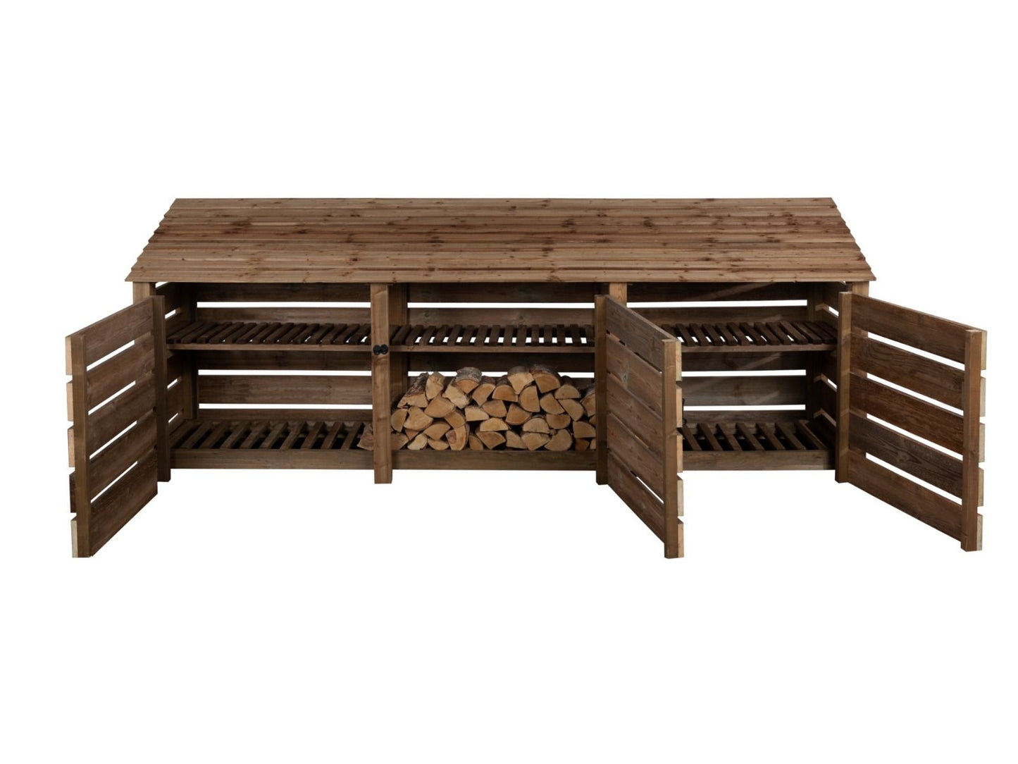 Slatted Wooden Log Store with Doors and Shelf W-335cm, H-126cm or 180cm, D-88cm - Brown Finish