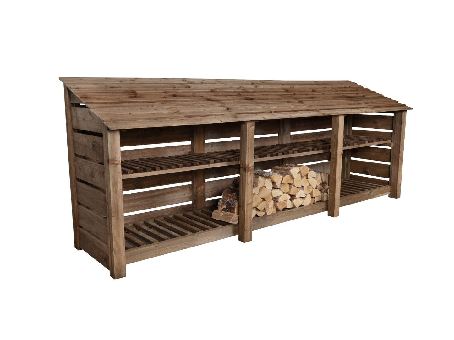Slatted Wooden Log Store with Shelf W-335cm, H-126cm or 180cm, D-88cm - Brown Finish