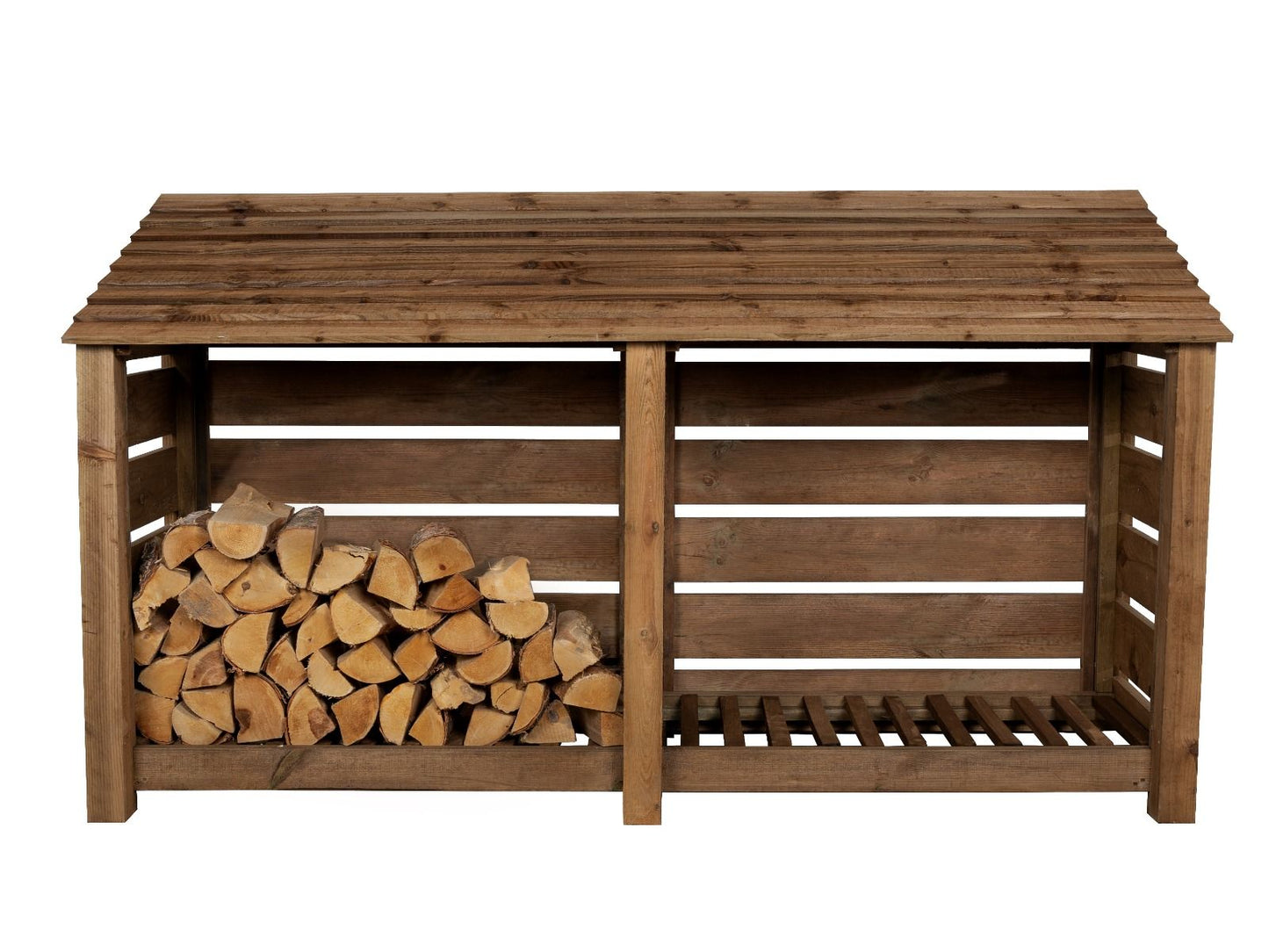 Slatted Wooden Log Store W-227cm, H-126cm or 180cm, D-88cm - Brown Finish