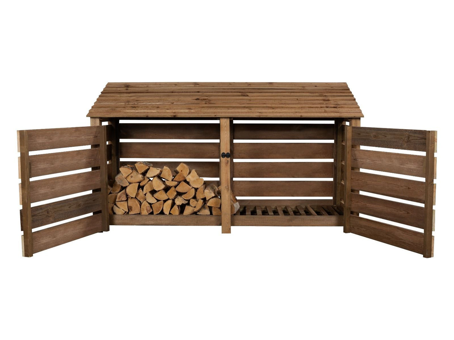 Slatted Wooden Log Store with Doors and Shelf W-227cm, H-126cm or 180cm, D-88cm - Brown Finish
