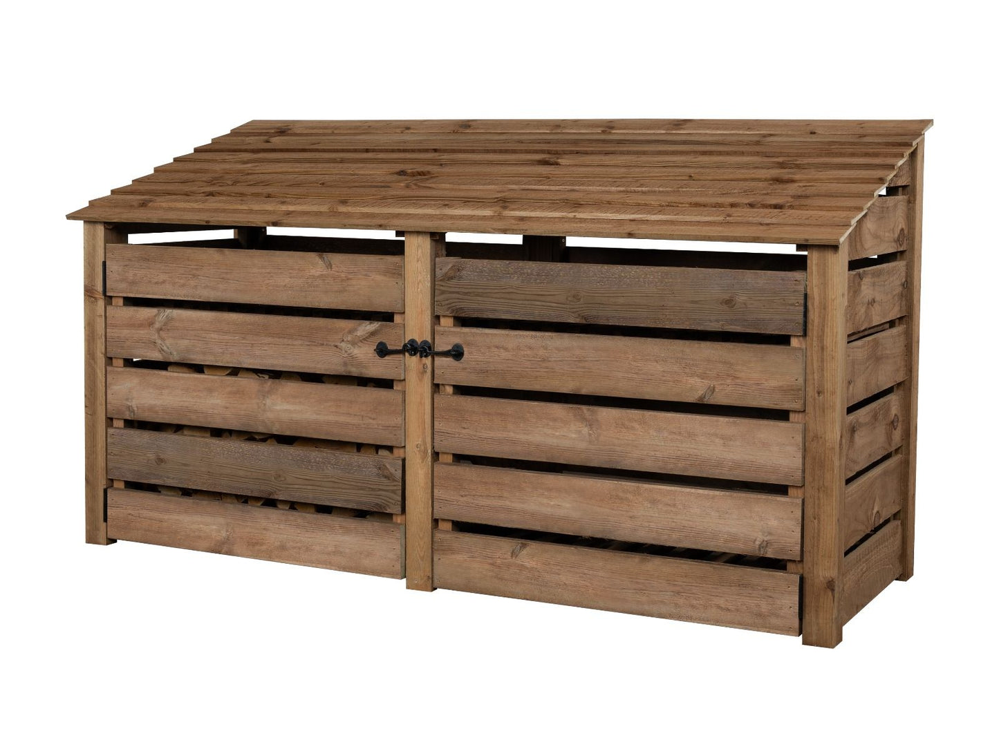 Slatted Wooden Log Store with Doors and Shelf W-227cm, H-126cm or 180cm, D-88cm - Brown Finish