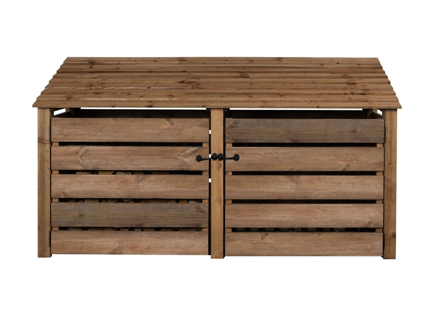 Slatted Wooden Log Store with Doors W-227cm, H-126cm or 180cm, D-88cm - Brown Finish