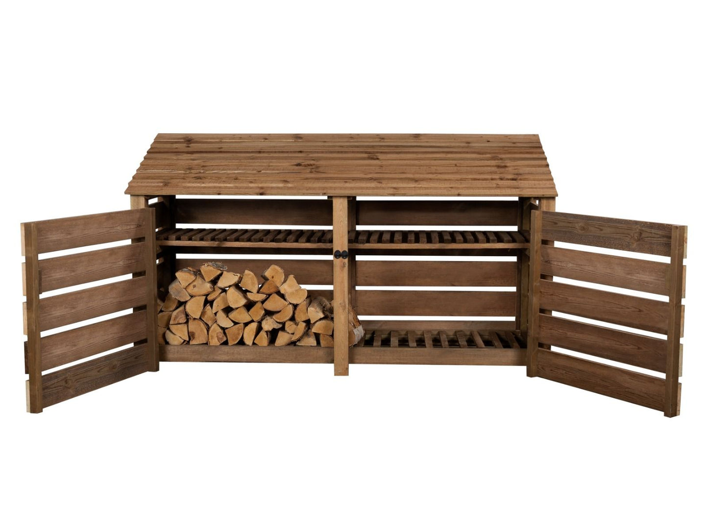 Slatted Wooden Log Store with Doors and Shelf W-227cm, H-126cm or 180cm, D-88cm - Brown Finish