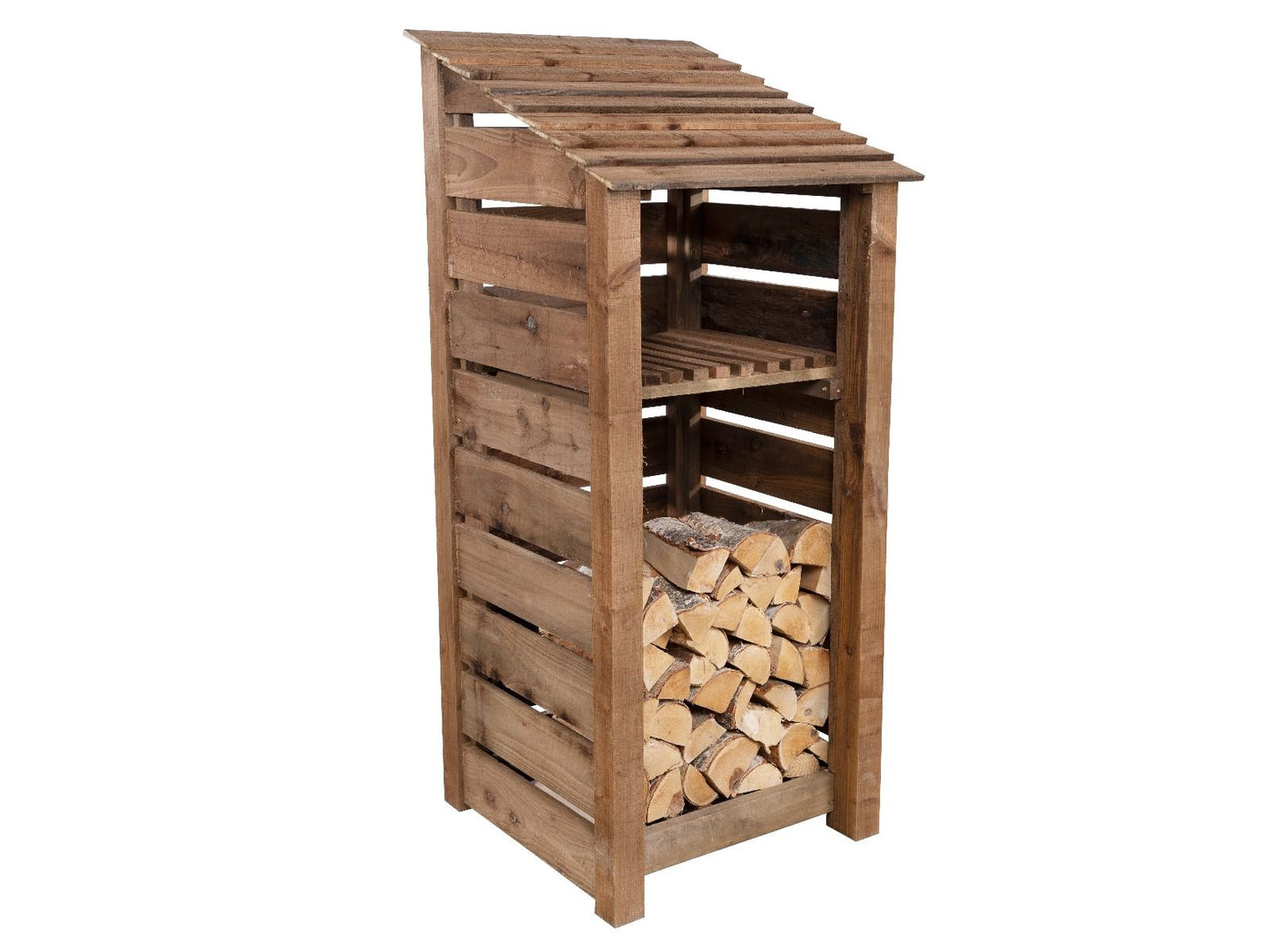 Slatted Wooden Log Store With Shelf W-79cm, H-126cm or 180cm, D-88cm - Brown Finish