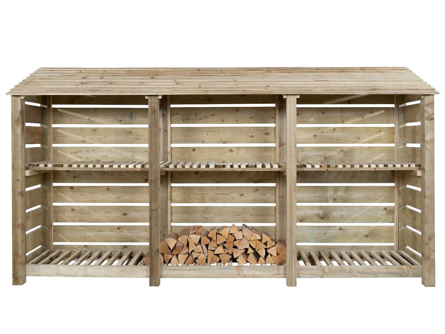 Slatted Wooden Log Store with Shelf W-335cm, H-126cm or 180cm, D-88cm