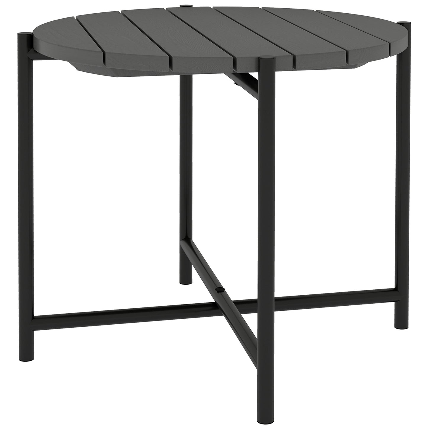 Outsunny 54 cm Round Outdoor Side Table, Industrial Small Garden Table with Slatted Wood Top and Metal Frame, Dark Grey