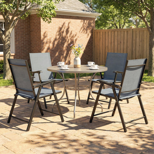 Outsunny Folding Garden Chairs Set of 4, Foldable Garden Dining Chairs with High Back, Armrests, Texteline Seat, Light Grey