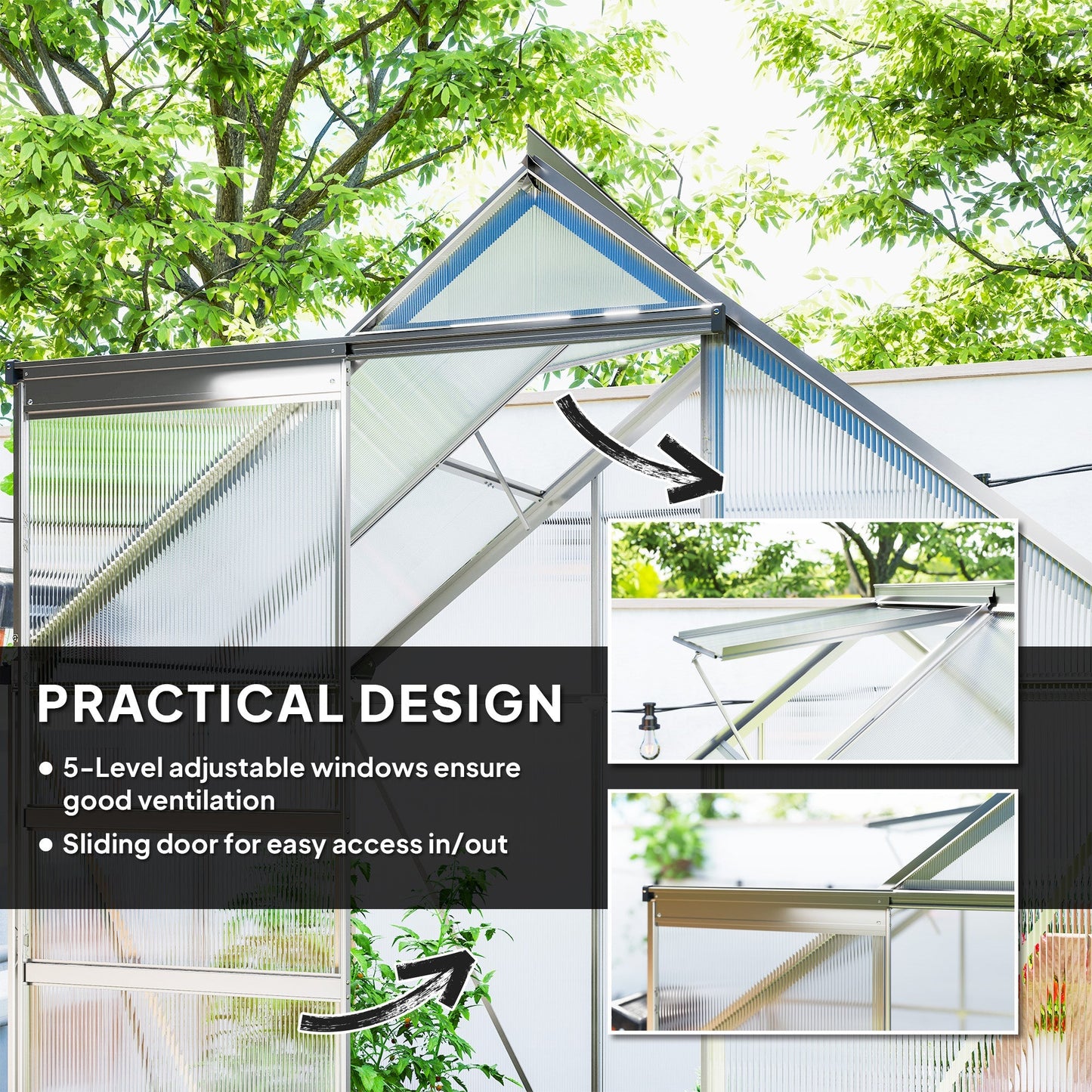 Outsunny 192.5 x 131cm Walk-In Polycarbonate Greenhouse - Silver-Tone