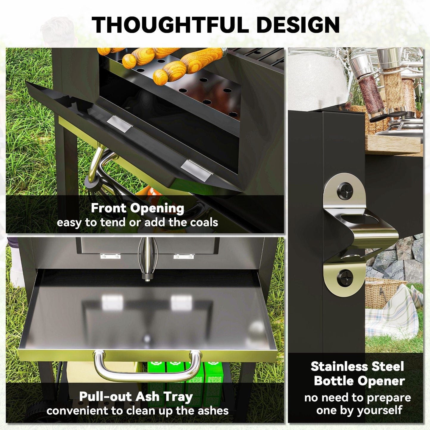 Outsunny Charcoal BBQ Grill with Height Adjustable Charcoal Pan, Portable Barbecue Smoker with Warming Rack, 3 Shelves, Temperature Gauge, Wheels, Bottle Opener for Outdoor Cooking Garden Party