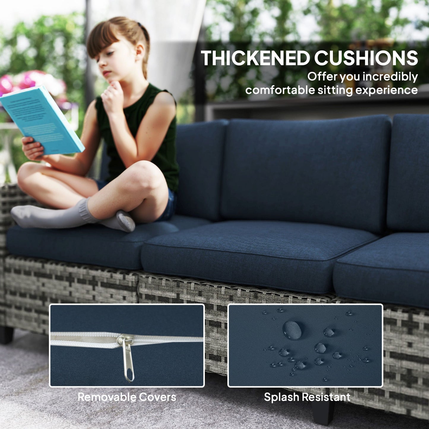 Outsunny 6 Pieces Rattan Garden Furniture Set, 5 Seater Wicker Outdoor Furniture Set with 2 Armchairs, Steel Frame Coffee Table and Cushions for Balcony, Porch, Navy Blue