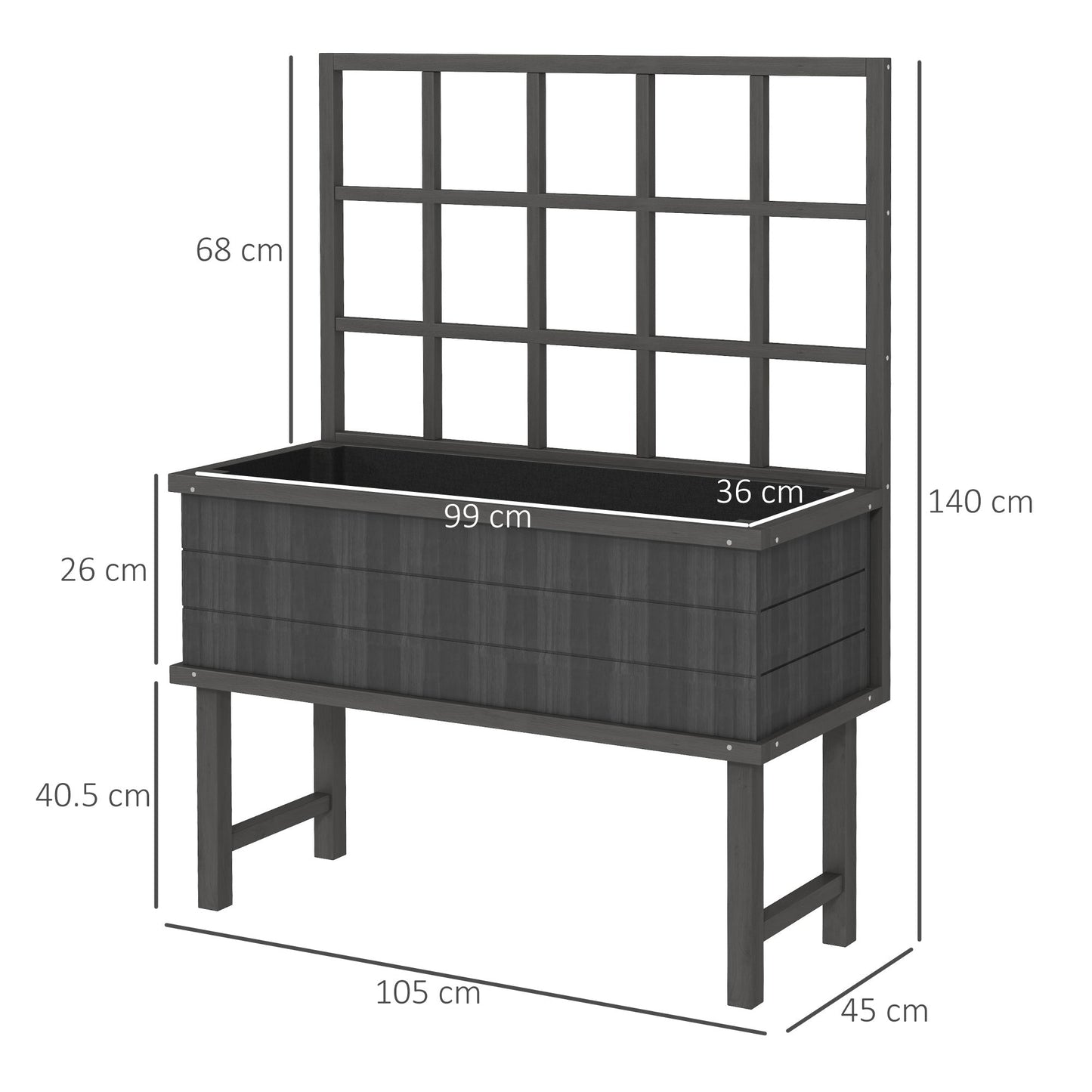 Outsunny 45 x 105cm Wooden Garden Planter, with Trellis - Grey