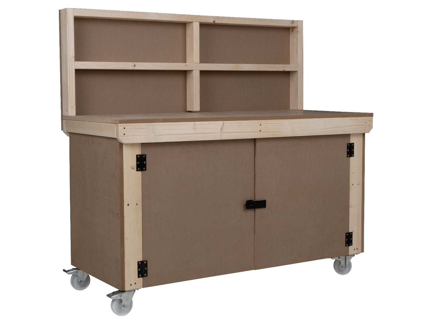 Wooden MDF Top Workbench With Lockable Cupboard (V.9) with back panel, double shelf and wheels