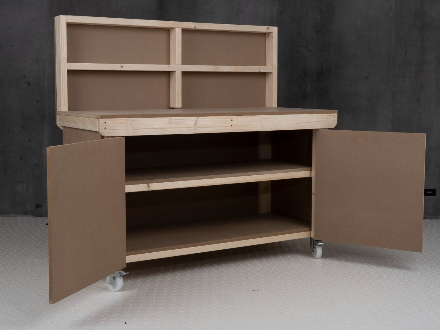 Wooden MDF Top Workbench With Lockable Cupboard (V.9) with back panel, double shelf and wheels