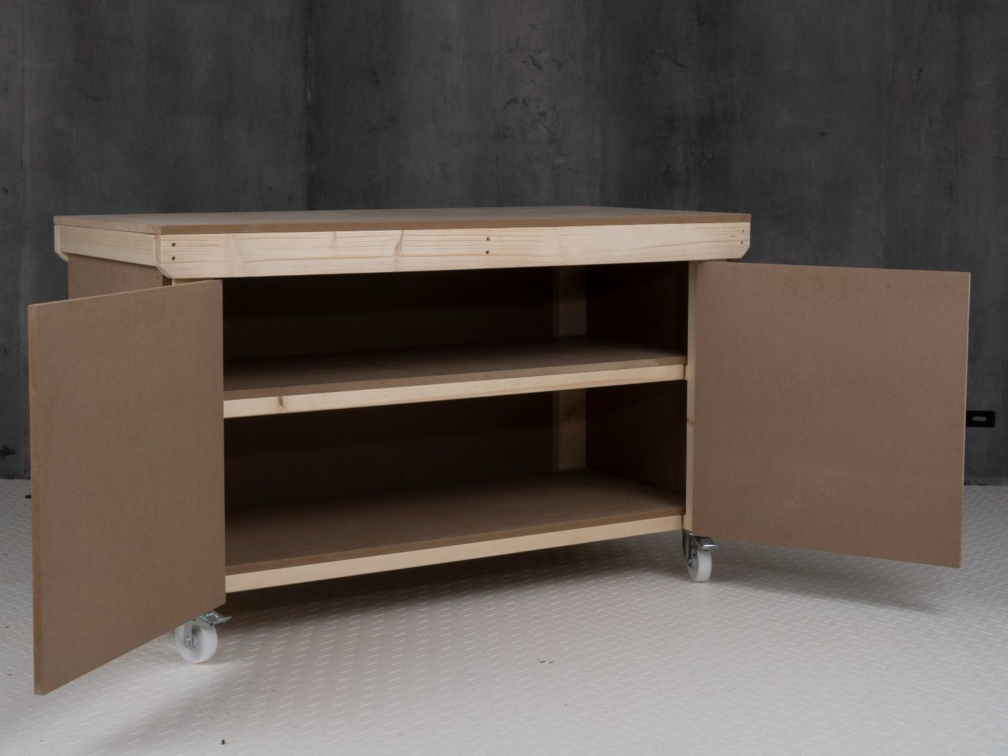 Wooden MDF Top Workbench With Lockable Cupboard (V.9) double shelf and wheels