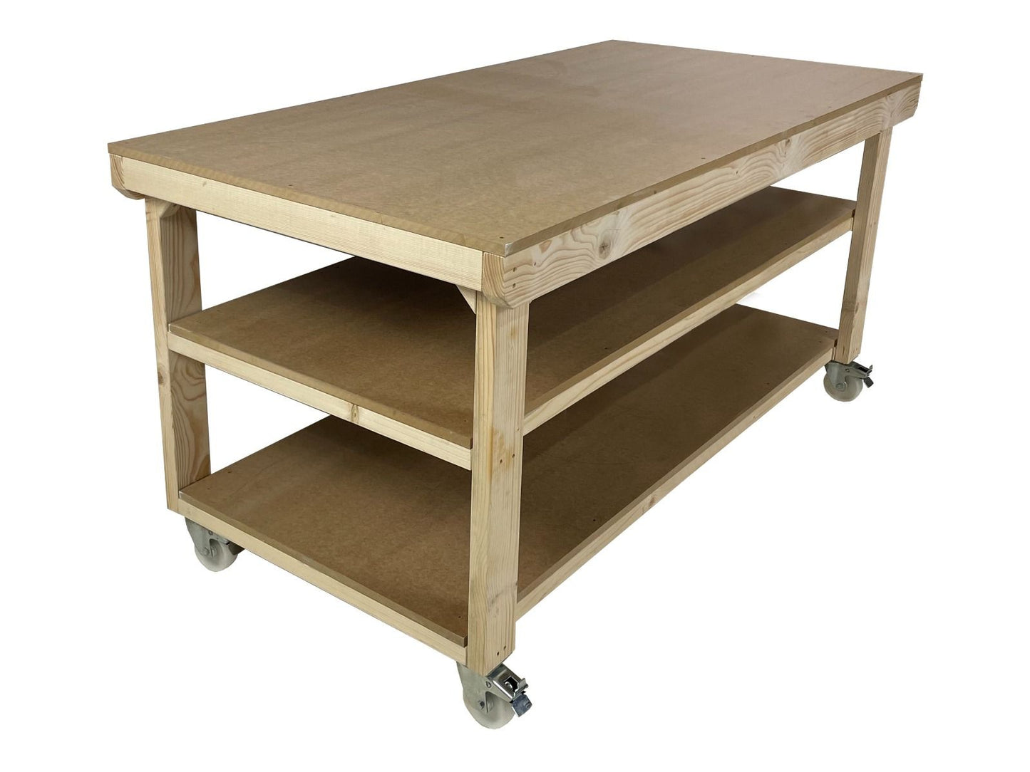 Wooden Workbench MDF Top Depth-4ft With Wheels and Double Shelf