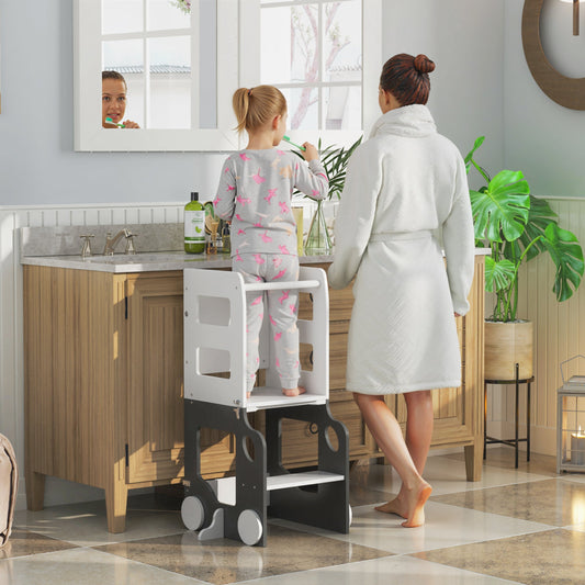 AIYAPLAY Toddler Step Stool, 4 in 1 Standing Tower, Foldable Toddler Step with Safety Rail, for Kitchen, Bathroom, Grey