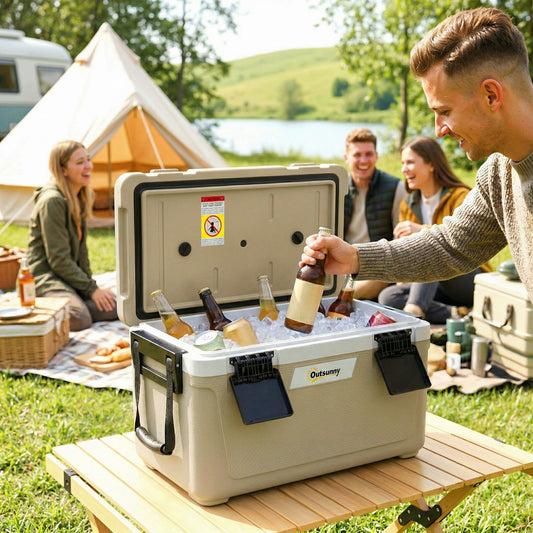 Outsunny 42.6L Insulated Cool Box, Lightweight Portable Ice Cooler with Handle, Lid and Drain Valve, Khaki
