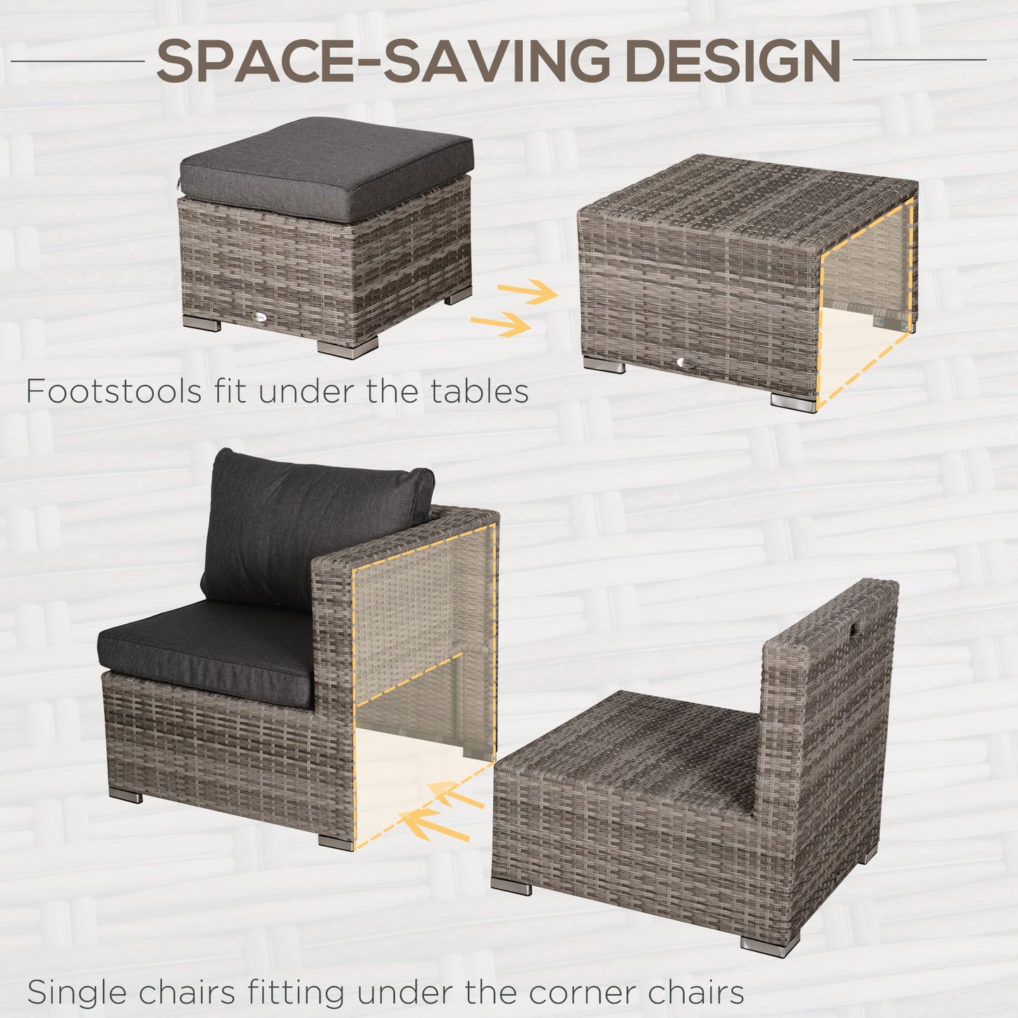 Outsunny 8 Pieces Rattan Garden Furniture Set, Garden Corner Sofa Set with 4 Chairs, 2 Footstools, 2 Coffee Tables and Cushions, Space-Saving Design, No Assembly Required, Grey