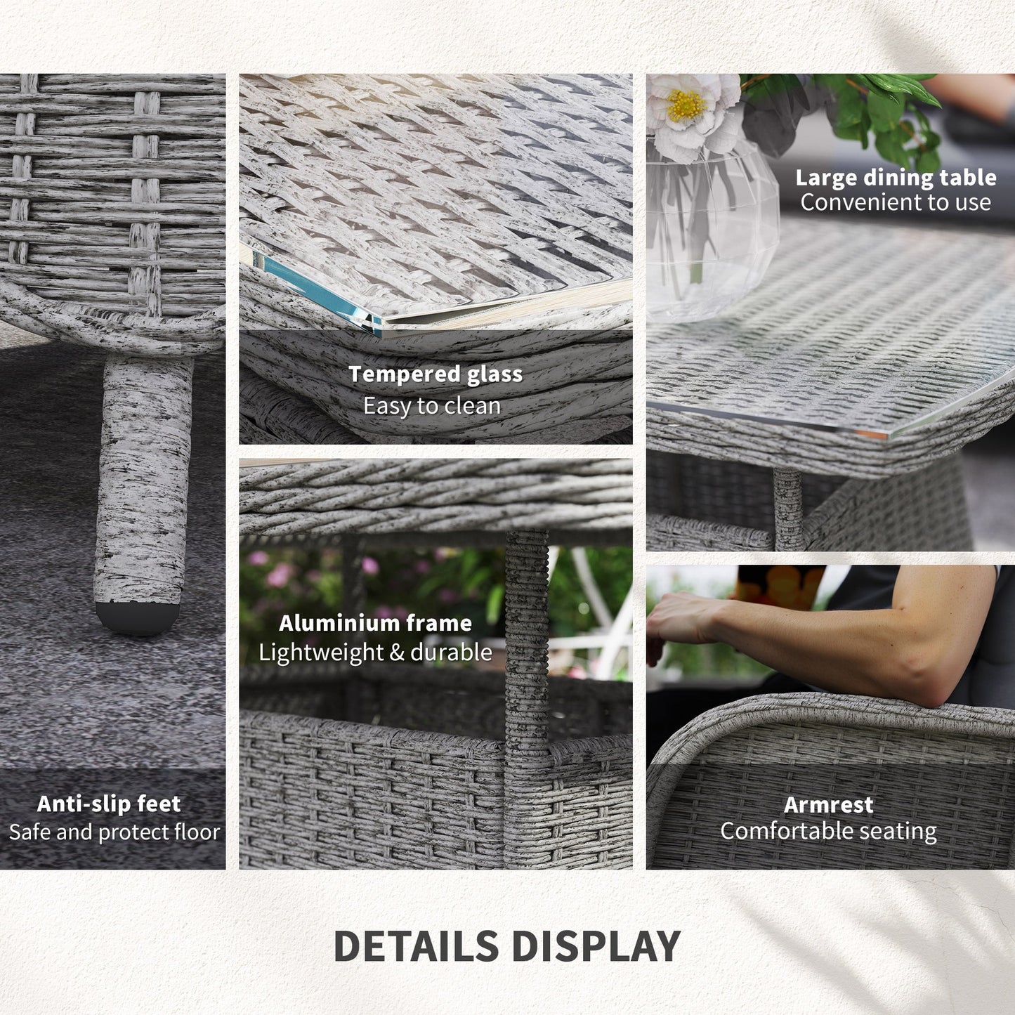 Outsunny Garden PE Rattan Dining Sofa Set, Outdoor 4 Seater Wicker Furniture, High Back Chairs with Cushions, Tempered Glass Coffee Table for Patio, Light Grey