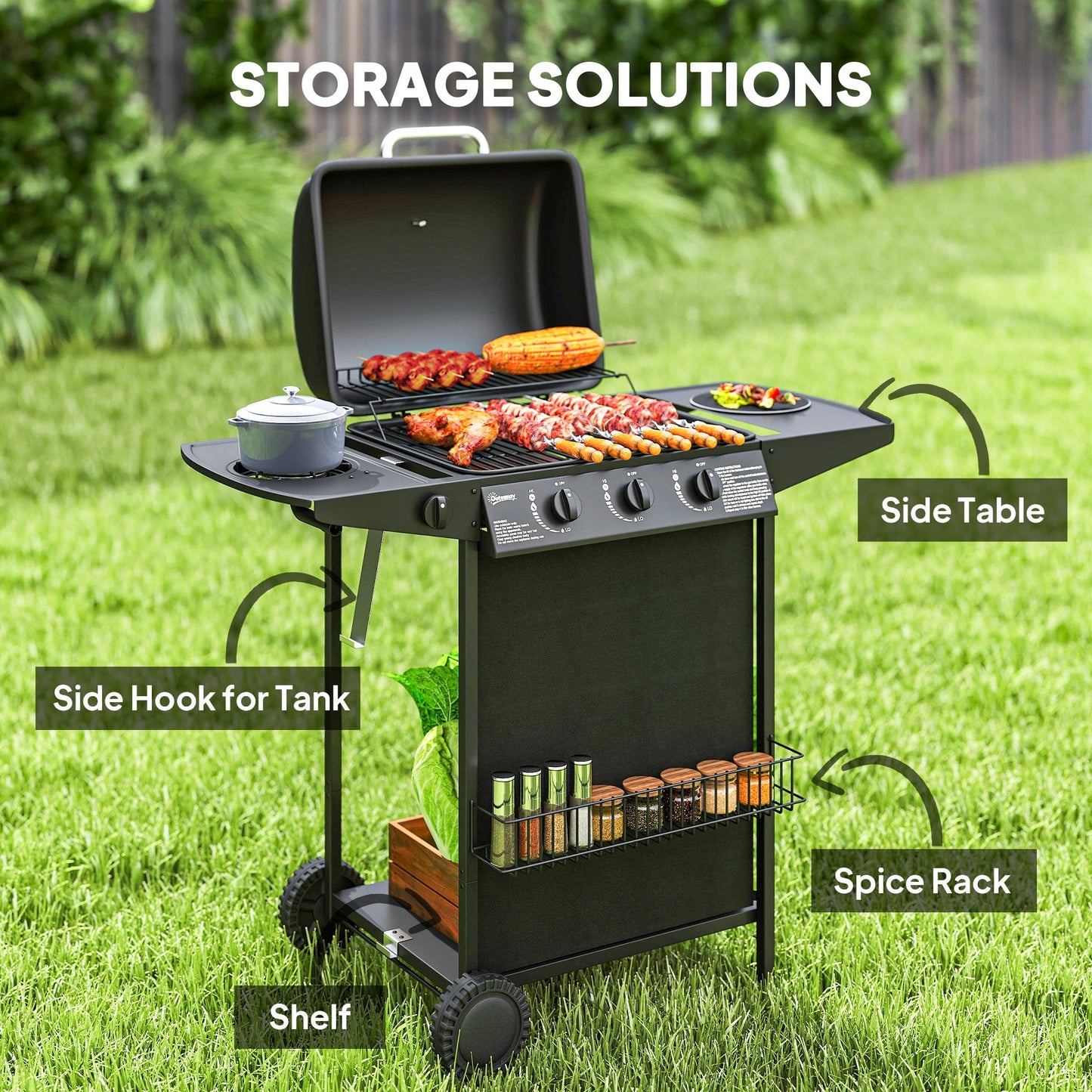 Outsunny 3+1 Burner Gas BBQ Grill, Portable Gas Barbecue Grill with Built-in Thermometer, Lid, Side Table, Shelf, Spice Rack, Wheels, Grease Cup for Garden Party Outdoor Cooking, Black
