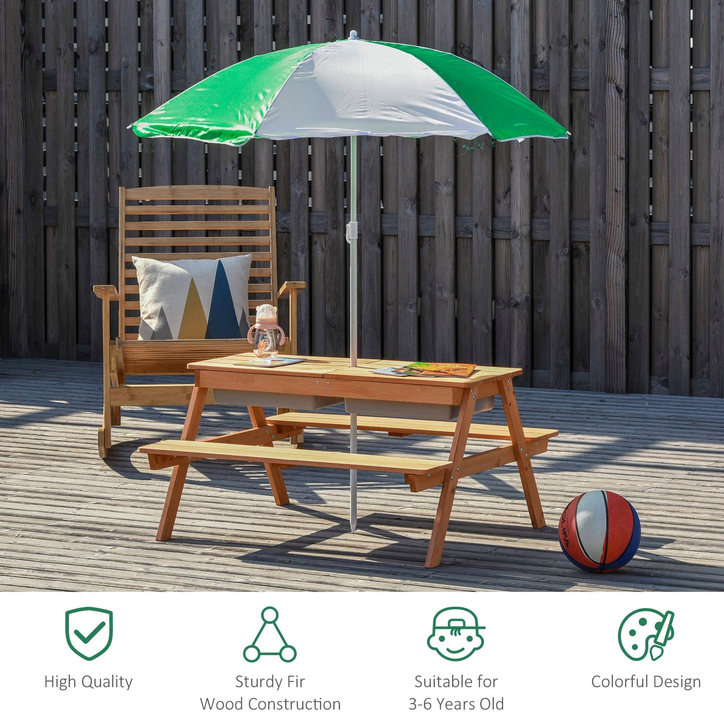 Outsunny Kids Picnic Table with Benches, Wooden Sand and Water Table, Adjustable Parasol, Storage Bins, for Kids 3-6 Years, Brown